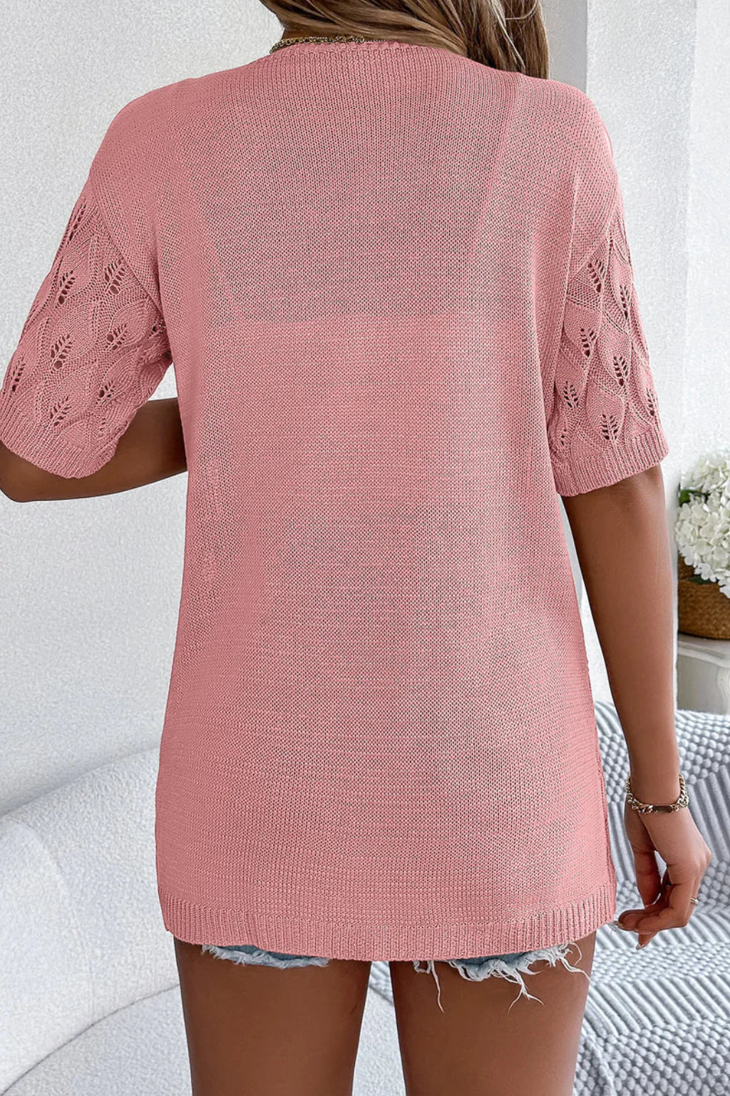 Claire | Women's Ribbed Crochet Knit Short Sleeve Cardigan Sweater