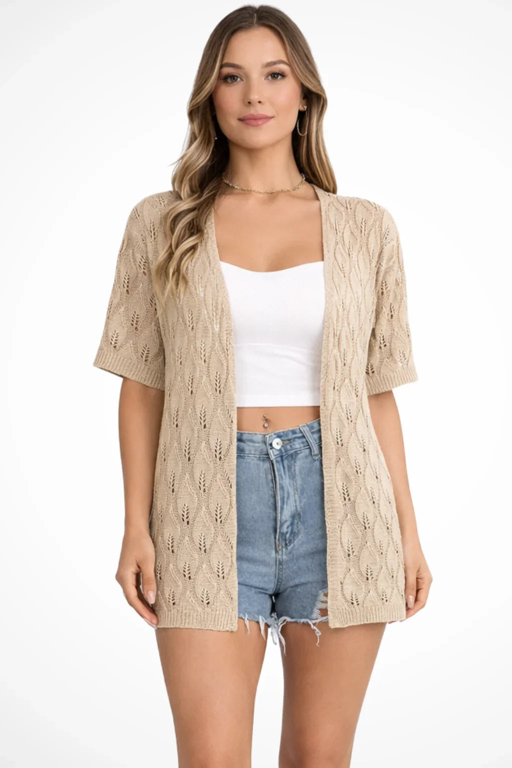 Claire | Women's Ribbed Crochet Knit Short Sleeve Cardigan Sweater