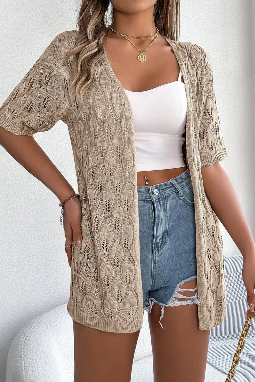 Claire | Women's Ribbed Crochet Knit Short Sleeve Cardigan Sweater