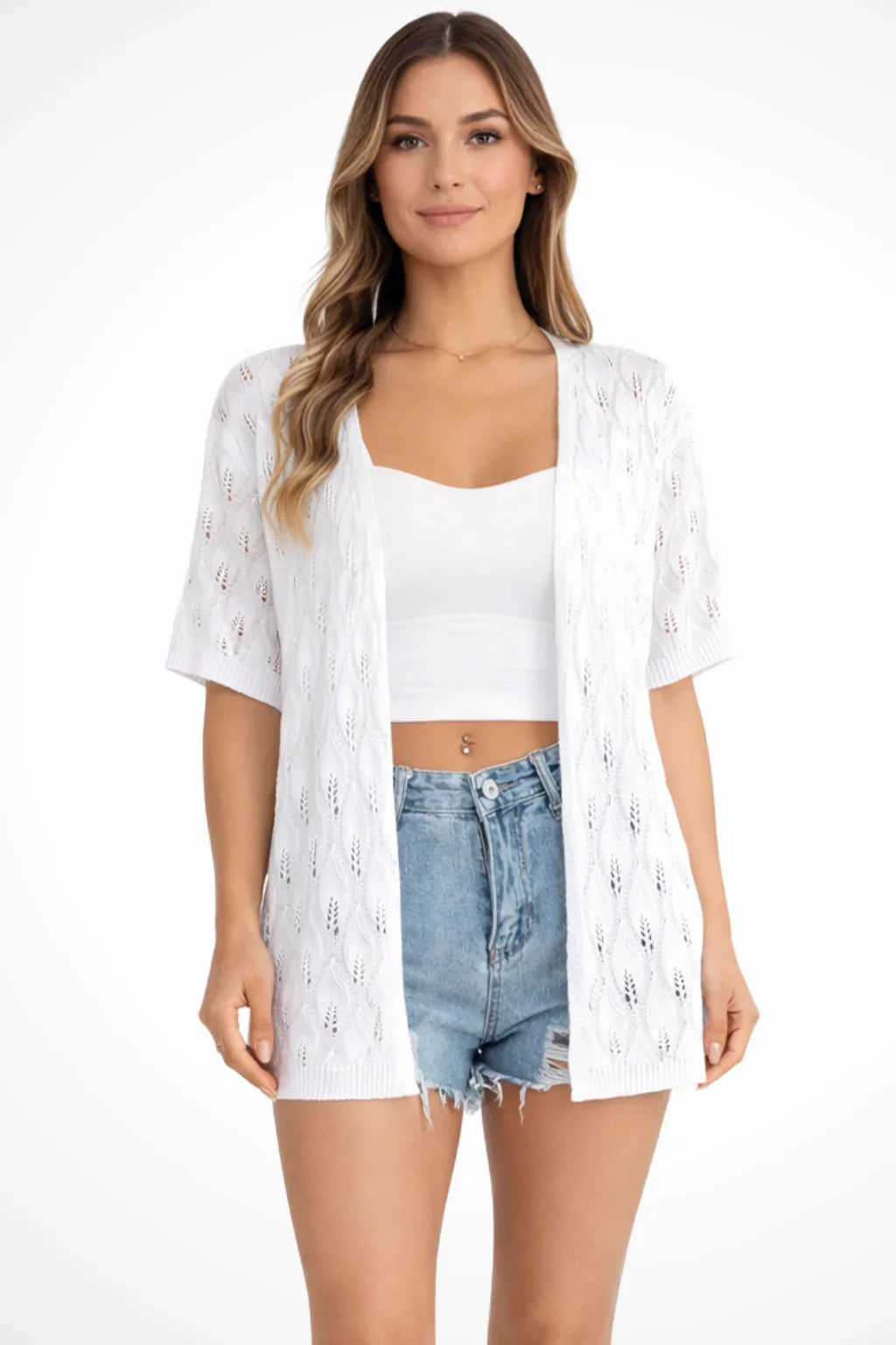 Claire | Women's Ribbed Crochet Knit Short Sleeve Cardigan Sweater