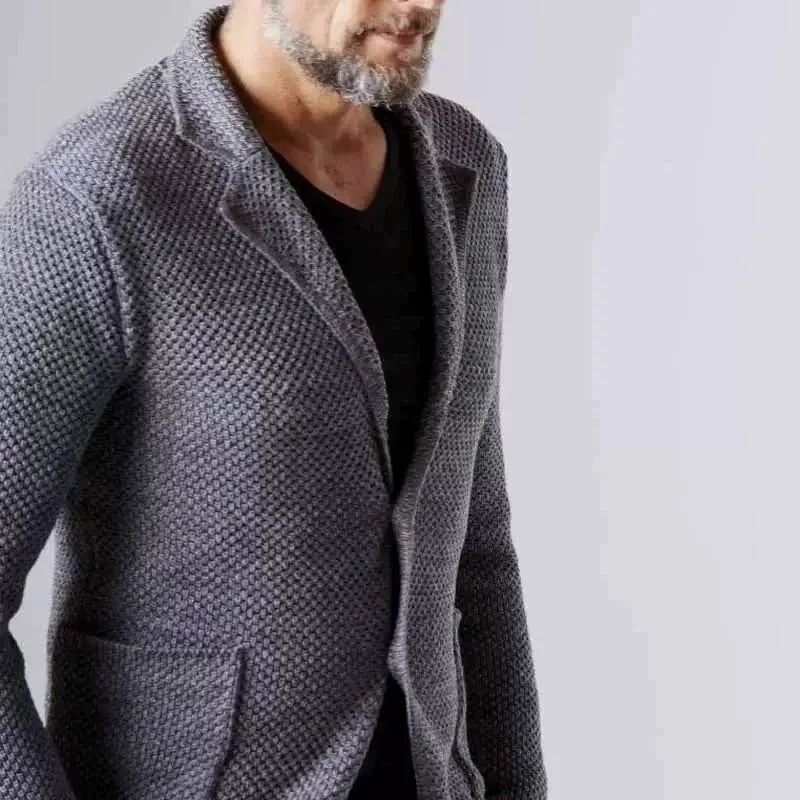 Women's knit button-front notch lapel blazer with patch pockets
