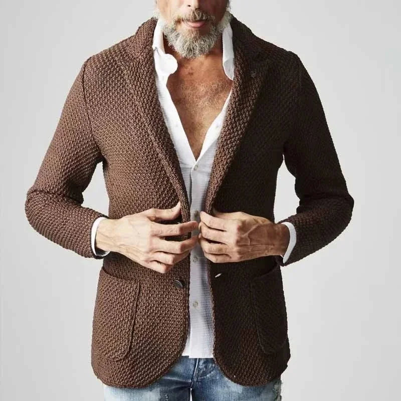 Women's knit button-front notch lapel blazer with patch pockets