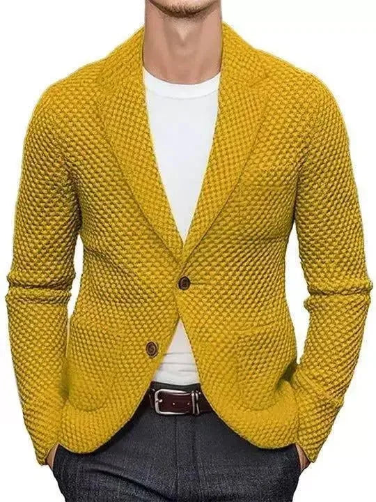 Women's knit button-front notch lapel blazer with patch pockets