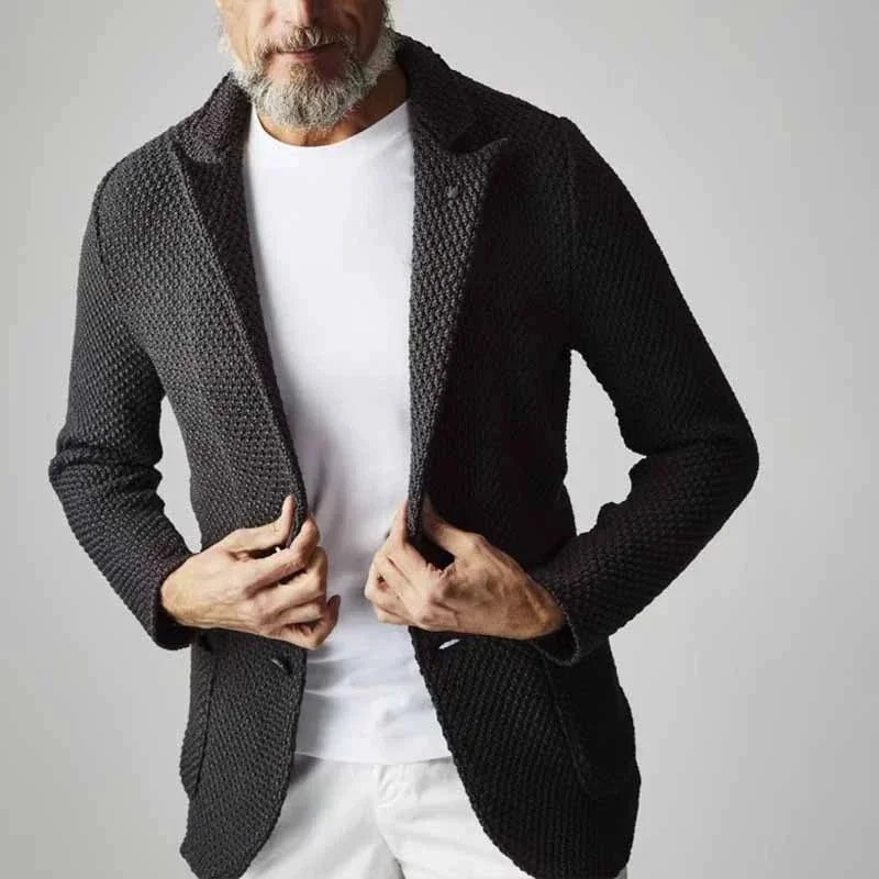 Women's knit button-front notch lapel blazer with patch pockets