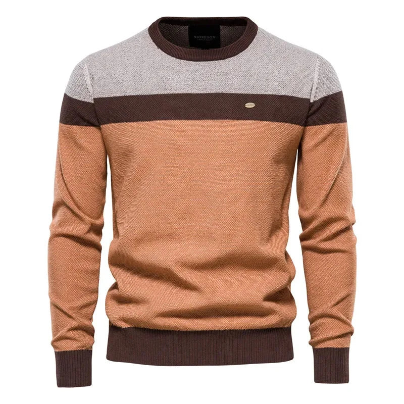 Women's striped knit crew neck sweater with chest emblem