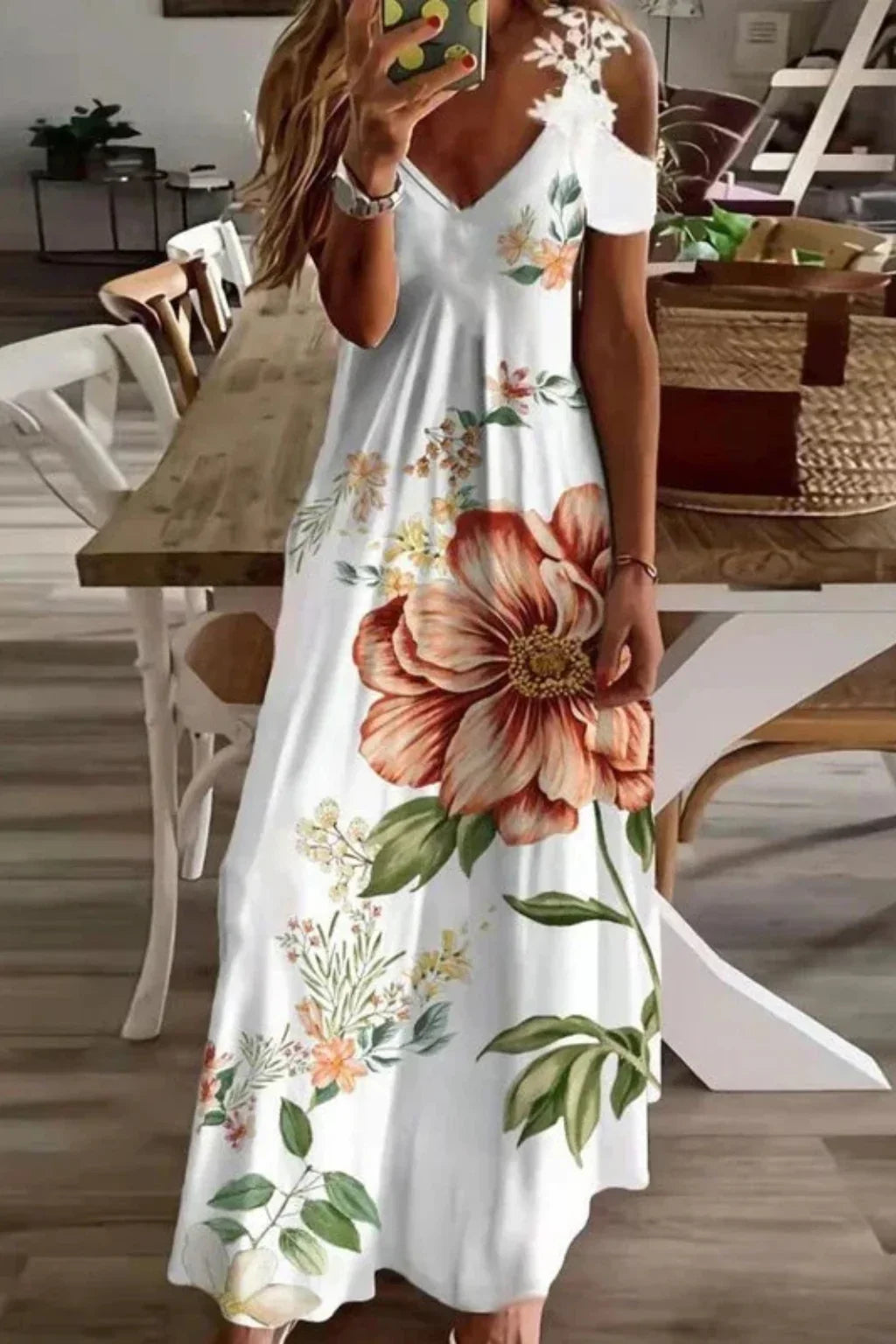 Clementine | Lace Floral Cold Shoulder Summer Maxi Dress