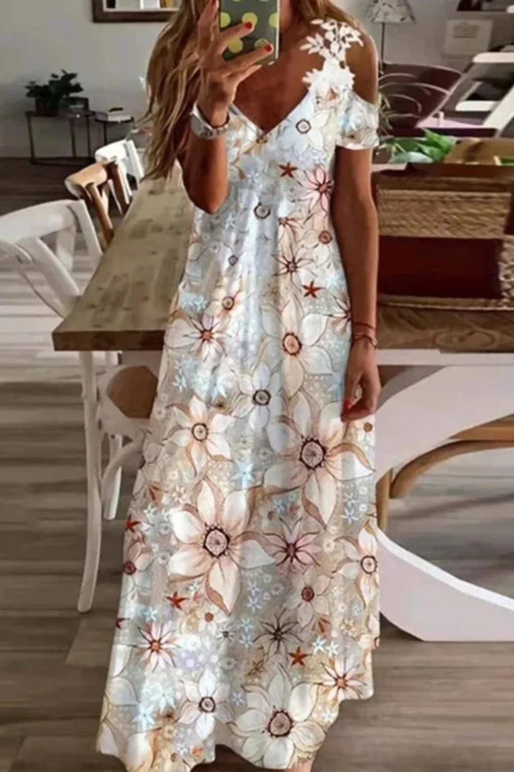Clementine | Lace Floral Cold Shoulder Summer Maxi Dress