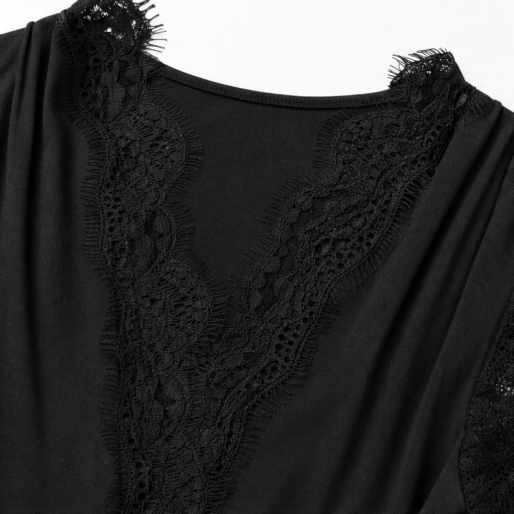 Veloura – Deep V-Neck Lace-Sleeve Fitted Top