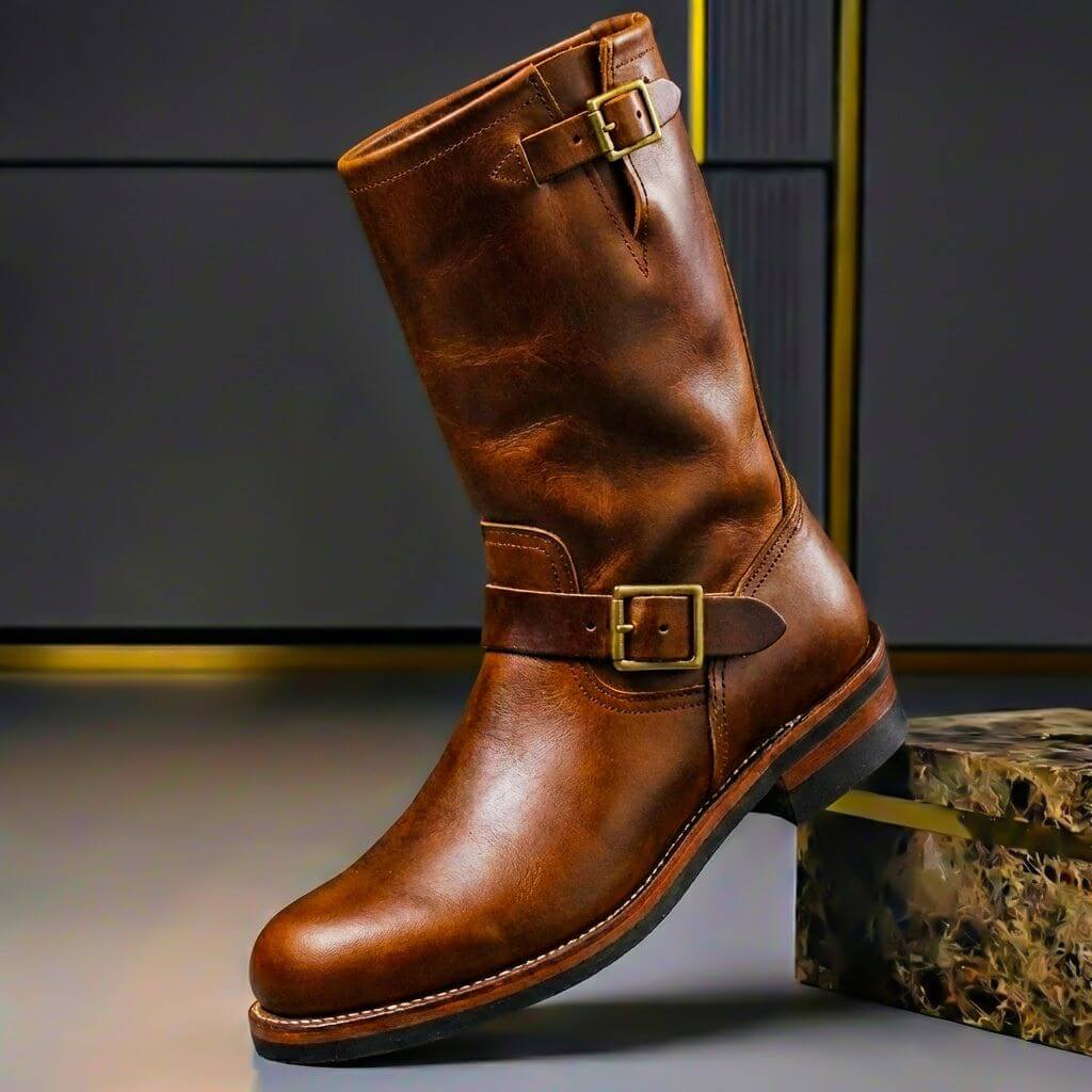 Sullivan | Mens Aged Leather Retro Boots with Buckles | Cushioned Insoles, Grip Sole | Brown, Burgundy and More US 6-14.5