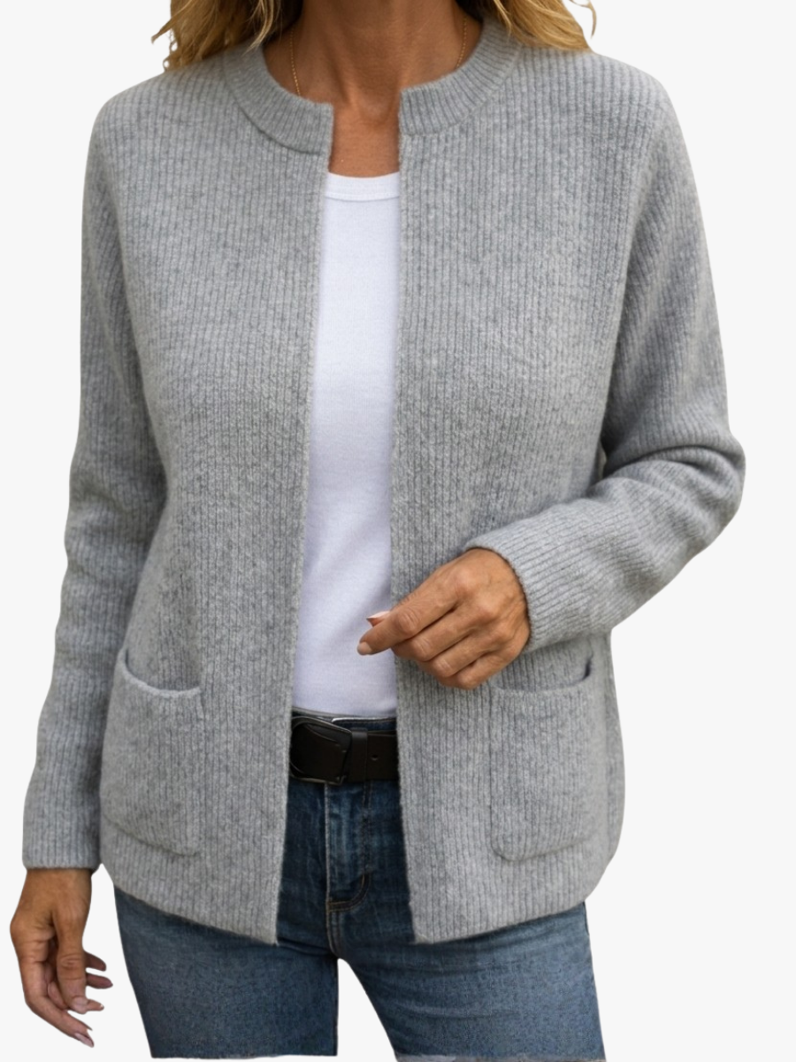 Women's Ribbed Knit Cardigan, Long Sleeves, Patch Pockets
