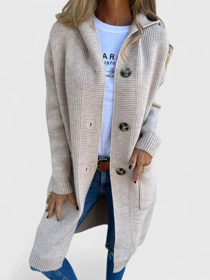 Women's ribbed button-front hooded cardigan with patch pockets