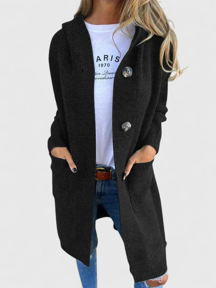 Women's ribbed button-front hooded cardigan with patch pockets