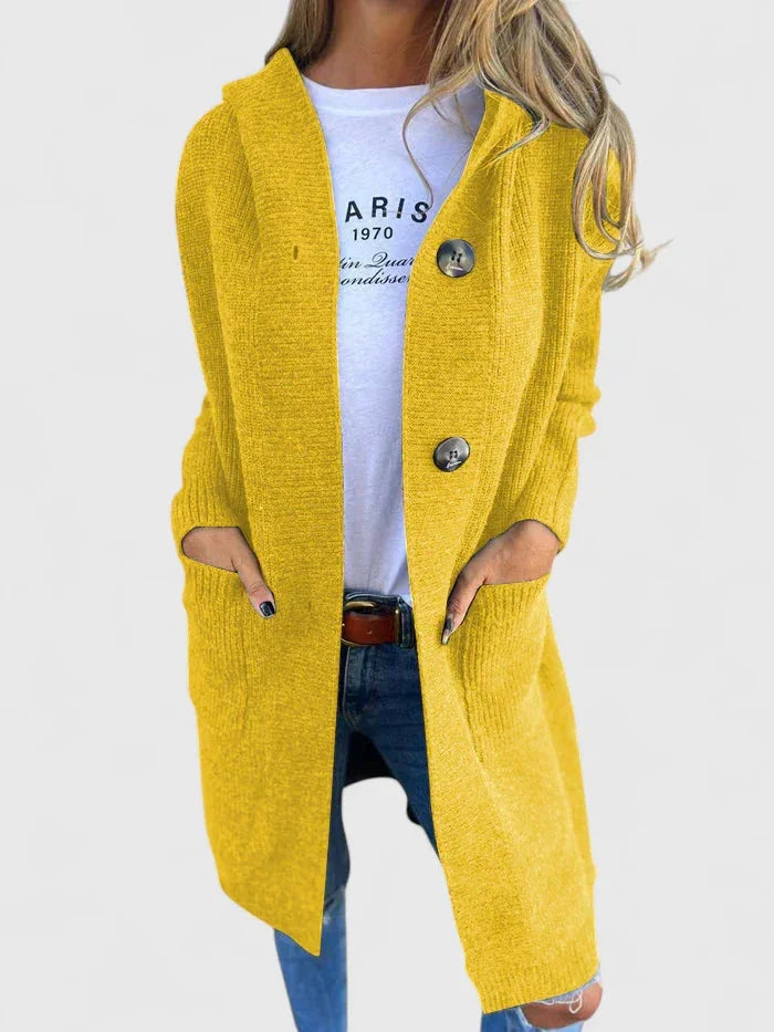 Women's ribbed button-front hooded cardigan with patch pockets