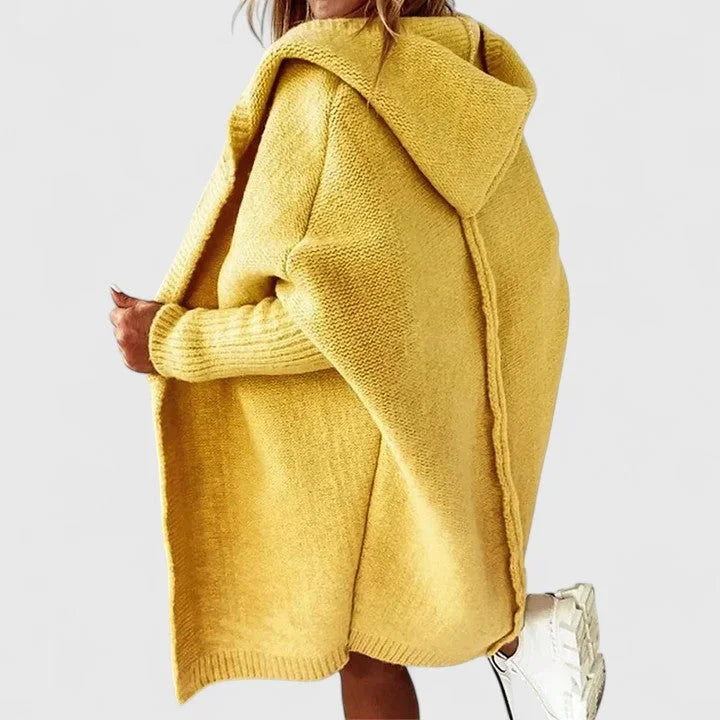 Women's knit open-front hooded cardigan with ribbed cuffs