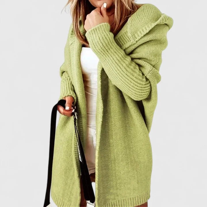 Women's knit open-front hooded cardigan with ribbed cuffs