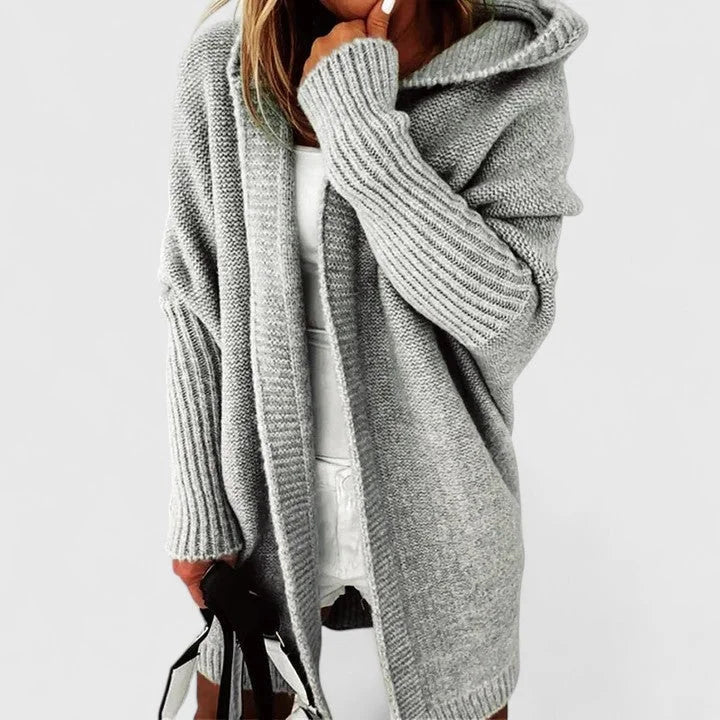 Women's knit open-front hooded cardigan with ribbed cuffs
