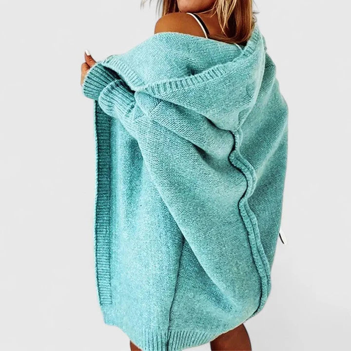 Women's knit open-front hooded cardigan with ribbed cuffs