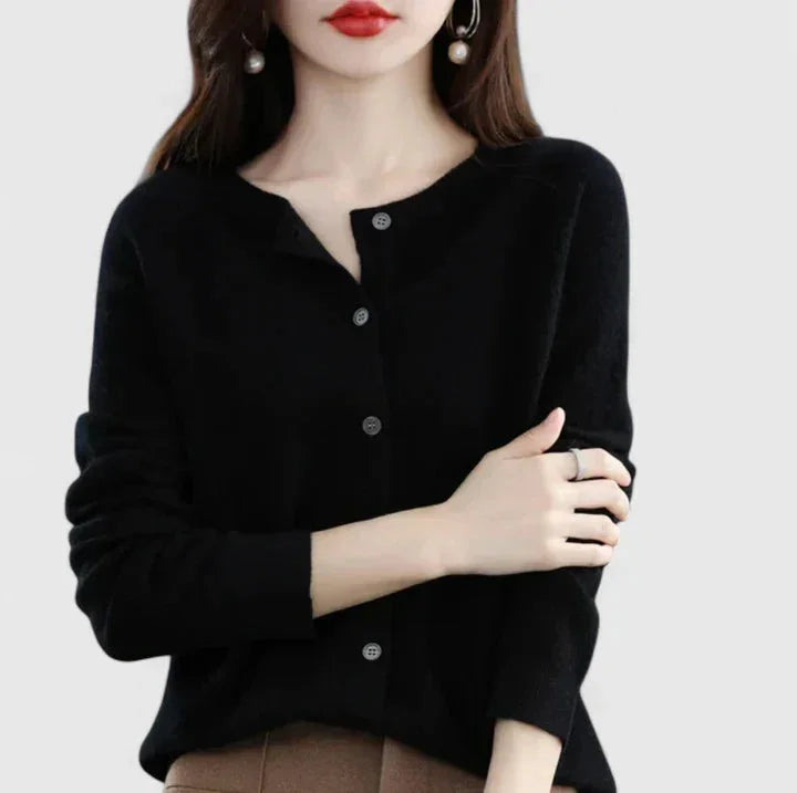 Women's knit button-front crew neck cardigan with ribbed cuffs