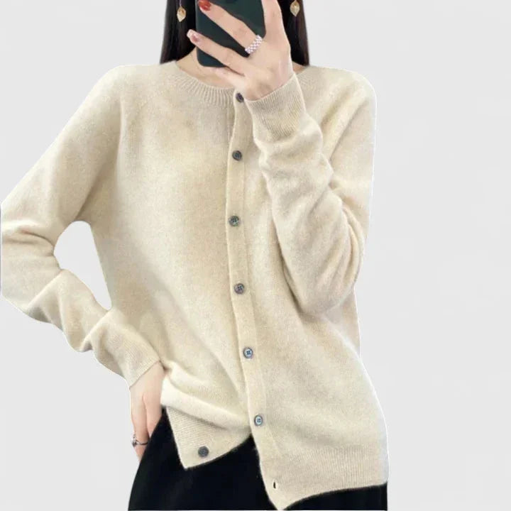 Women's knit button-front crew neck cardigan with ribbed cuffs