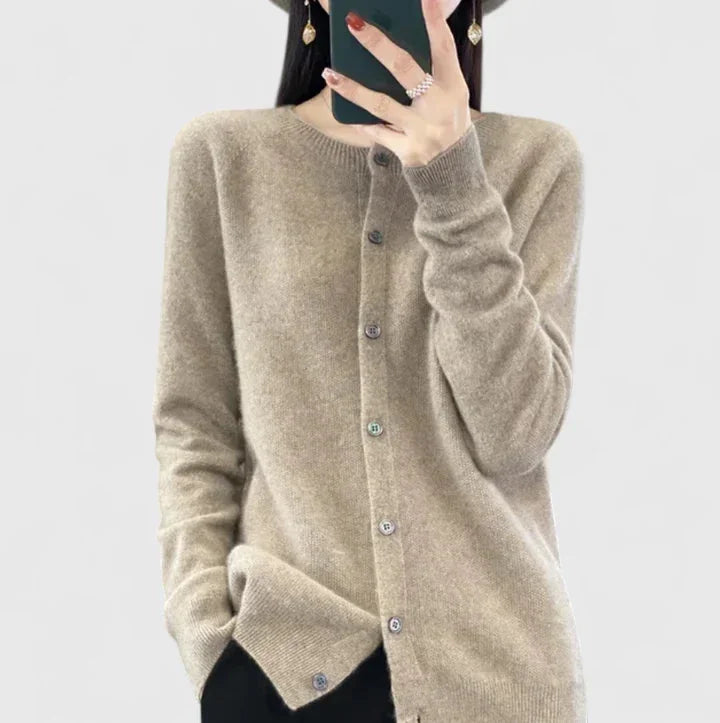 Women's knit button-front crew neck cardigan with ribbed cuffs