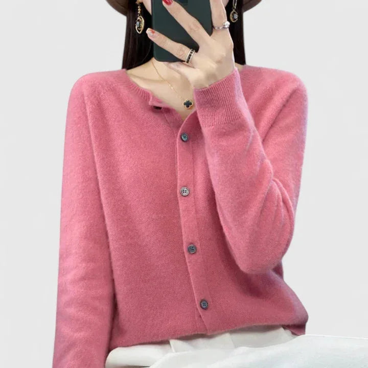 Women's knit button-front crew neck cardigan with ribbed cuffs