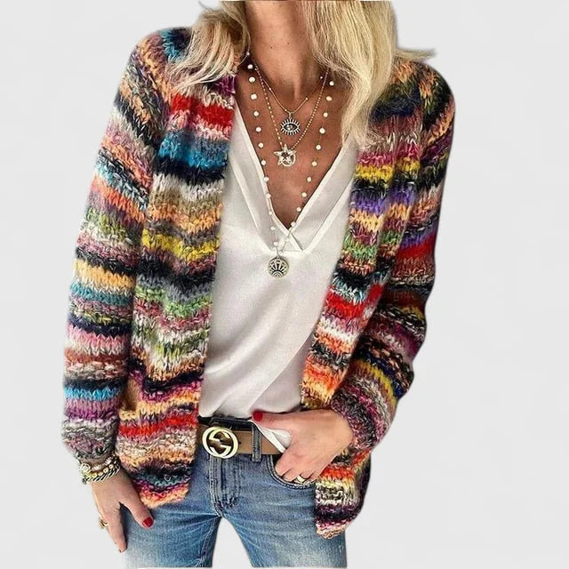 Women's striped knit open-front cardigan with v-neck