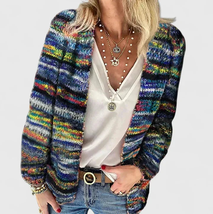Women's striped knit open-front cardigan with v-neck