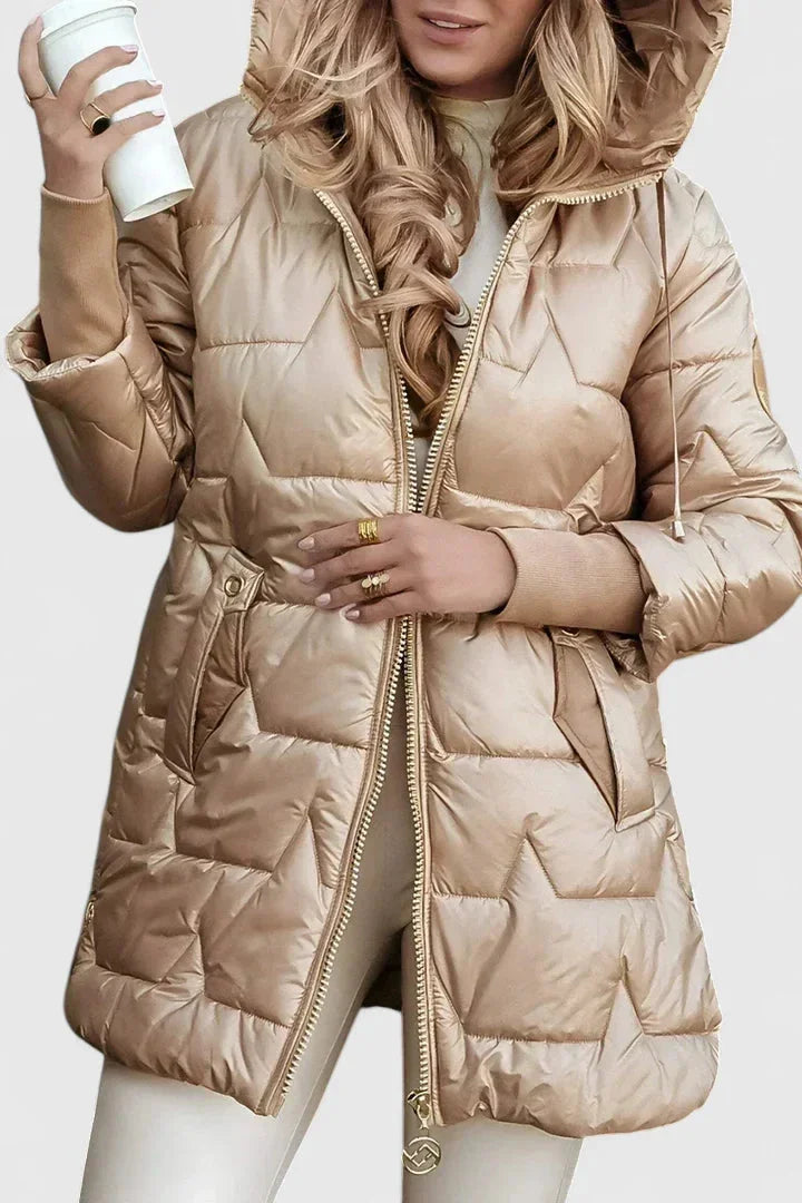 Women's zip-up hooded quilted coat with shiny finish