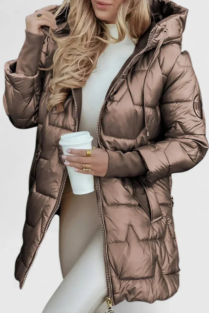 Women's zip-up hooded quilted coat with shiny finish