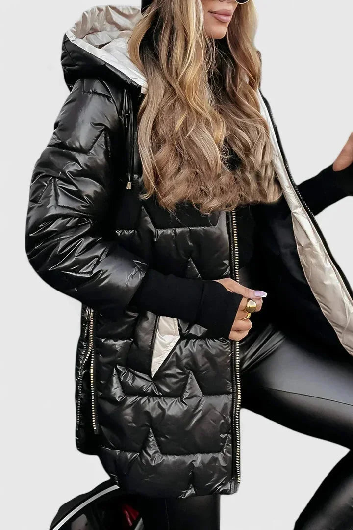 Women's zip-up hooded quilted coat with shiny finish