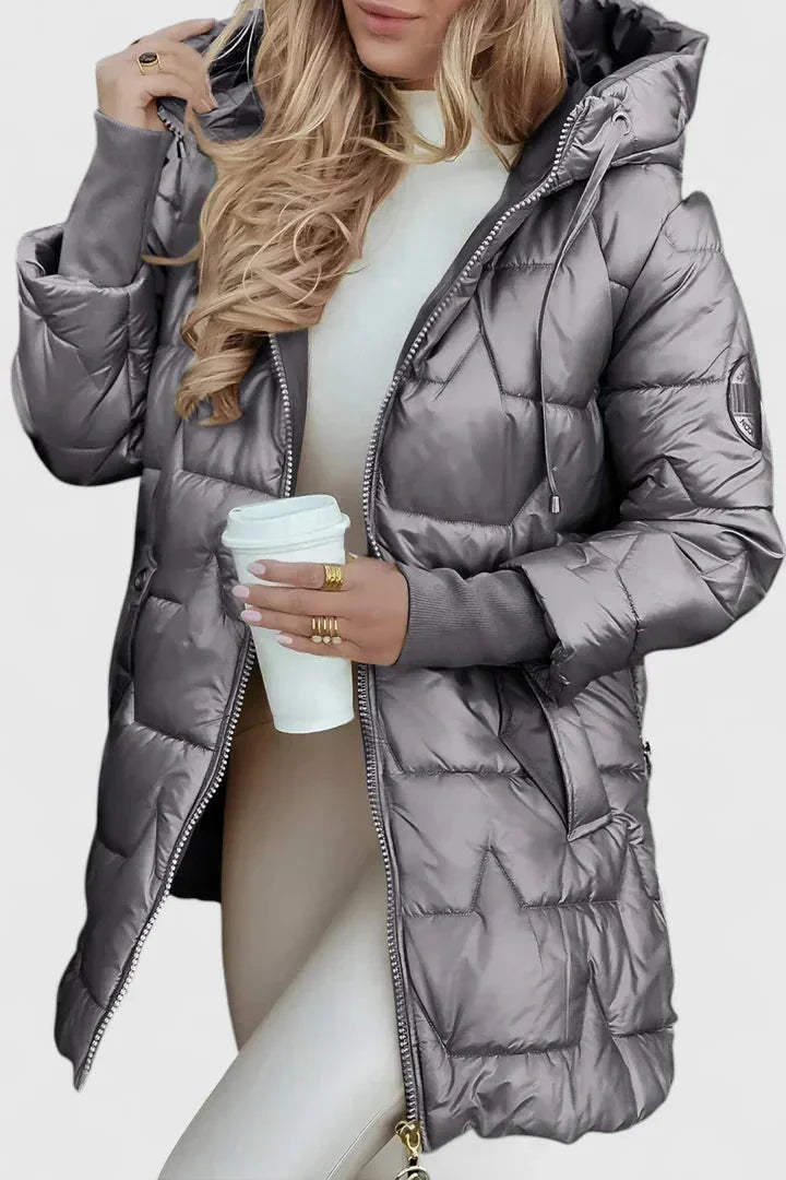 Women's zip-up hooded quilted coat with shiny finish