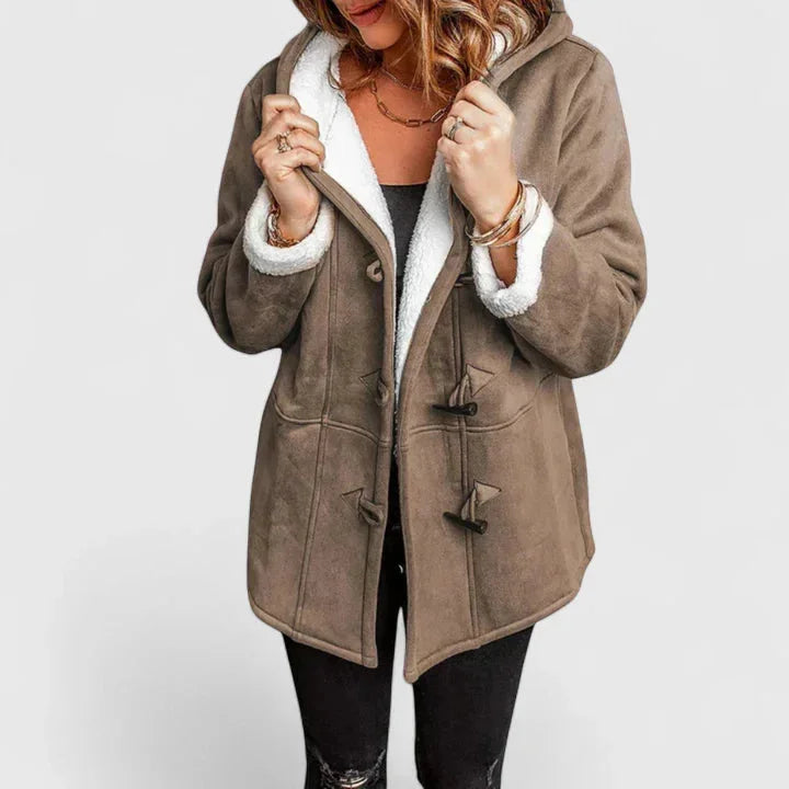 Women's suede toggle hooded parka with sherpa lining