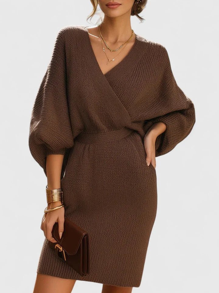 Women's knit wrap v-neck midi dress with voluminous sleeves