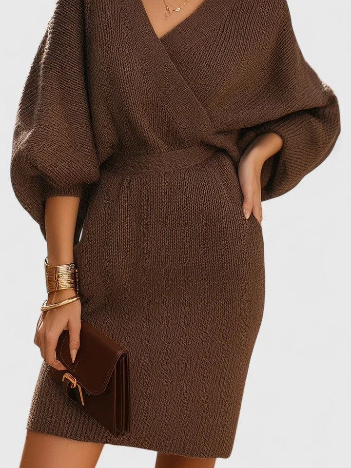 Women's knit wrap v-neck midi dress with voluminous sleeves