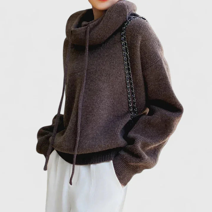 Women's knit hoodie with drawstring cowl neck