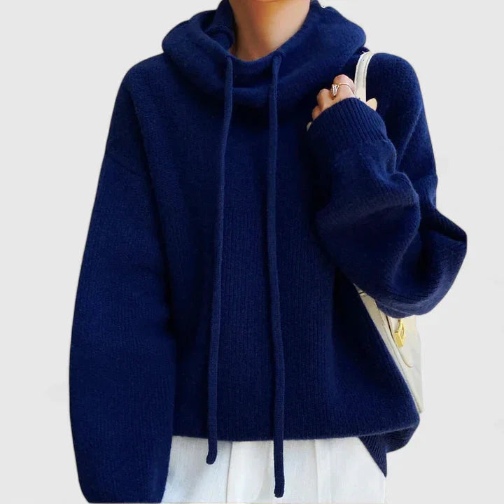 Women's knit hoodie with drawstring cowl neck