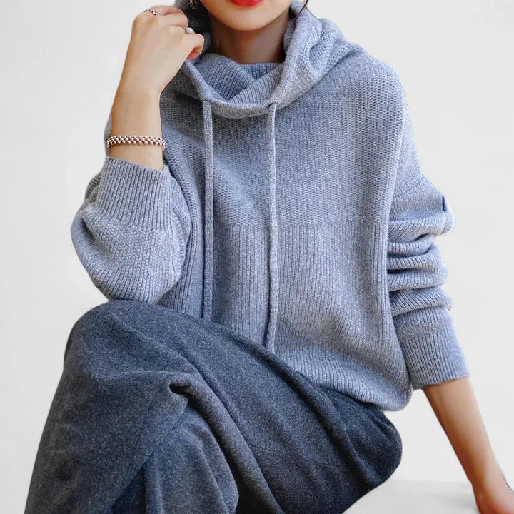 Women's knit hoodie with drawstring cowl neck