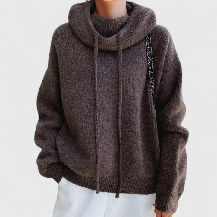 Women's knit hoodie with drawstring cowl neck