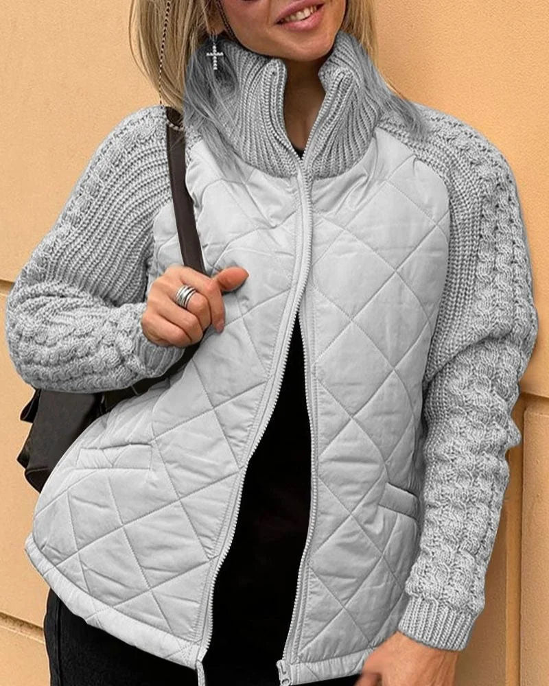Women's zip-up stand collar quilted jacket with cable knit sleeves