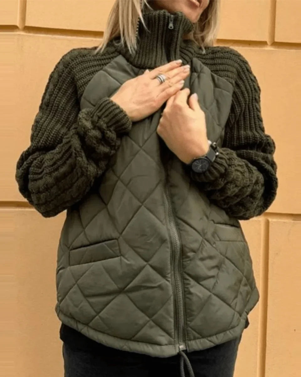 Women's zip-up stand collar quilted jacket with cable knit sleeves
