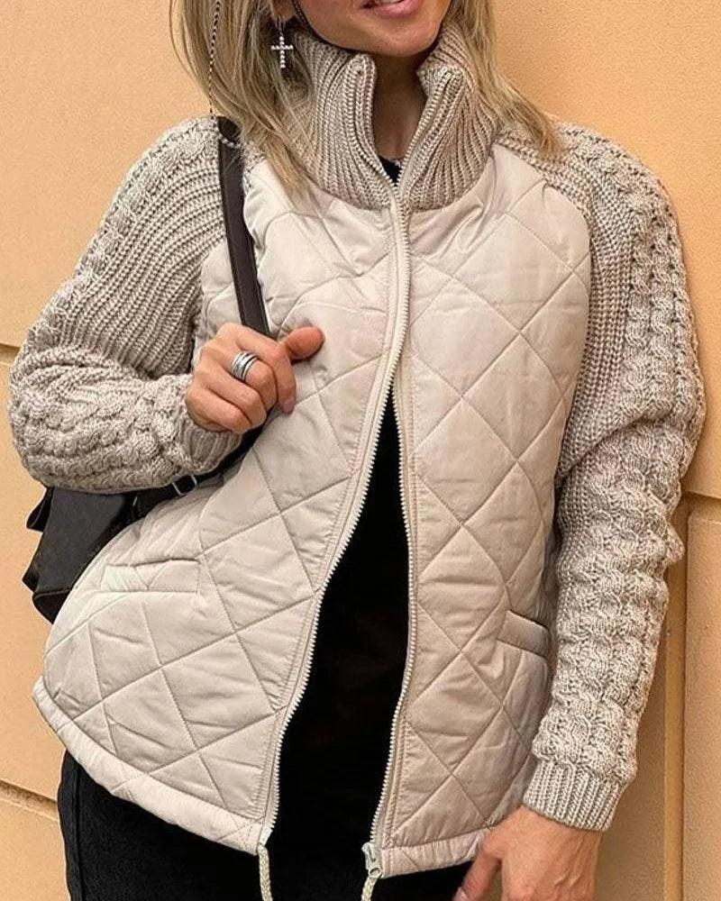 Women's zip-up stand collar quilted jacket with cable knit sleeves