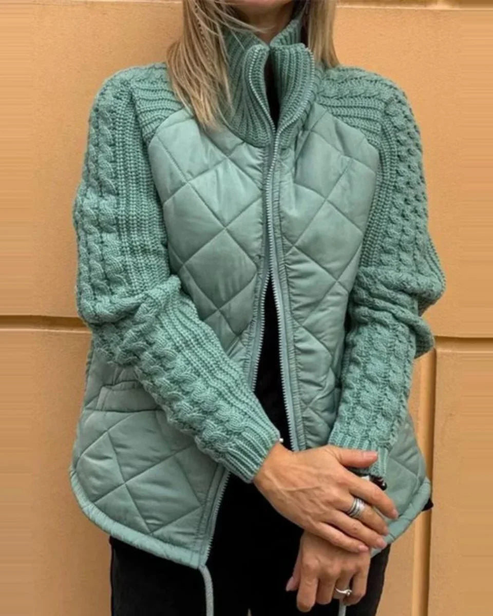 Women's zip-up stand collar quilted jacket with cable knit sleeves