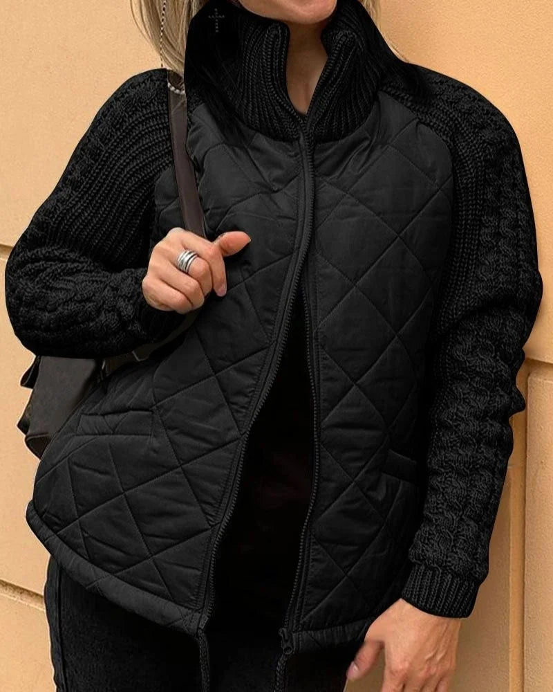 Women's zip-up stand collar quilted jacket with cable knit sleeves
