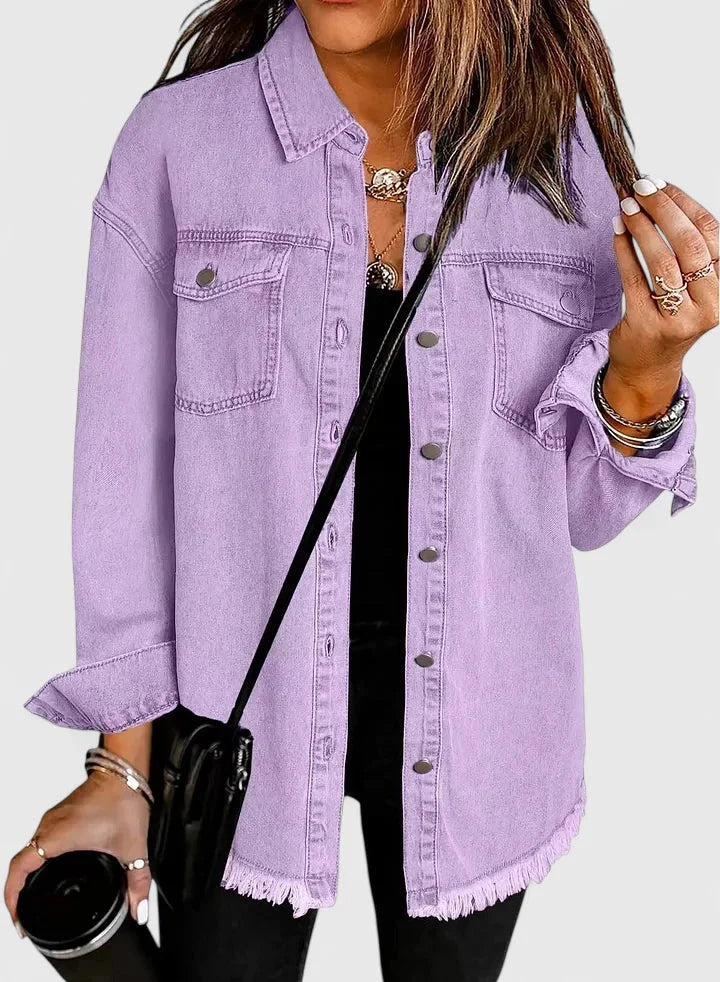 Women's button-front collared denim jacket with frayed hem