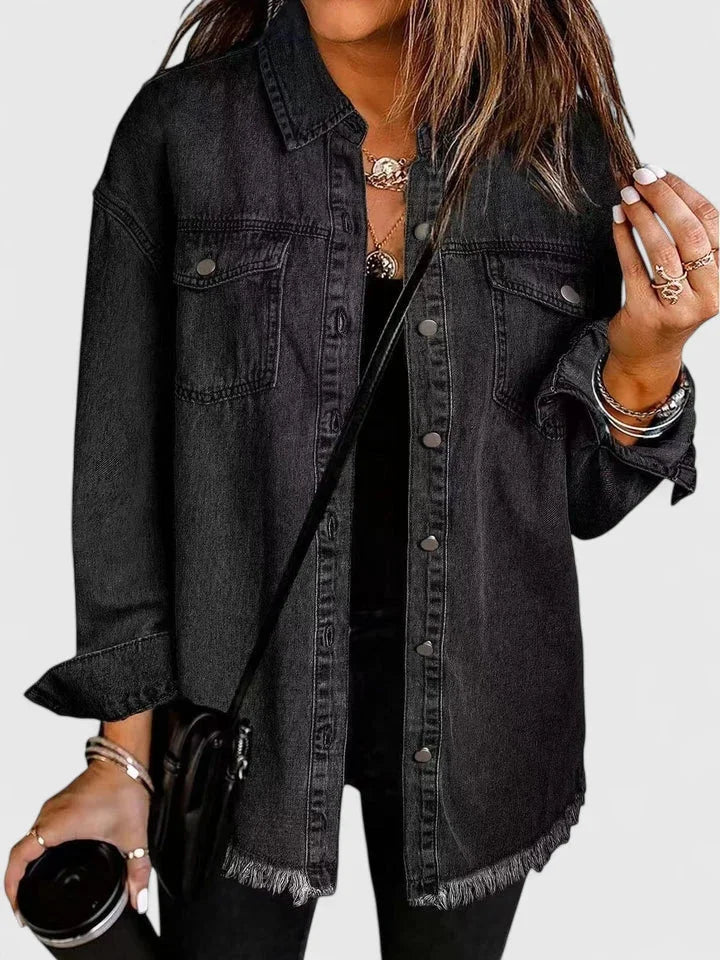 Women's button-front collared denim jacket with frayed hem