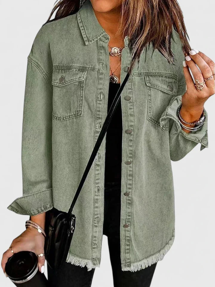 Women's button-front collared denim jacket with frayed hem