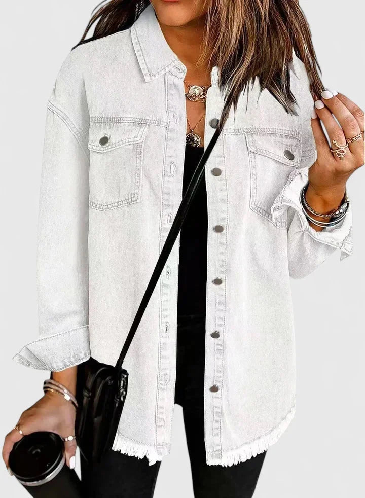 Women's button-front collared denim jacket with frayed hem