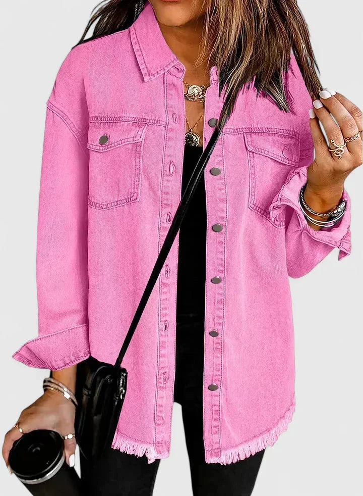 Women's button-front collared denim jacket with frayed hem