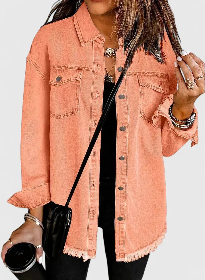 Women's button-front collared denim jacket with frayed hem