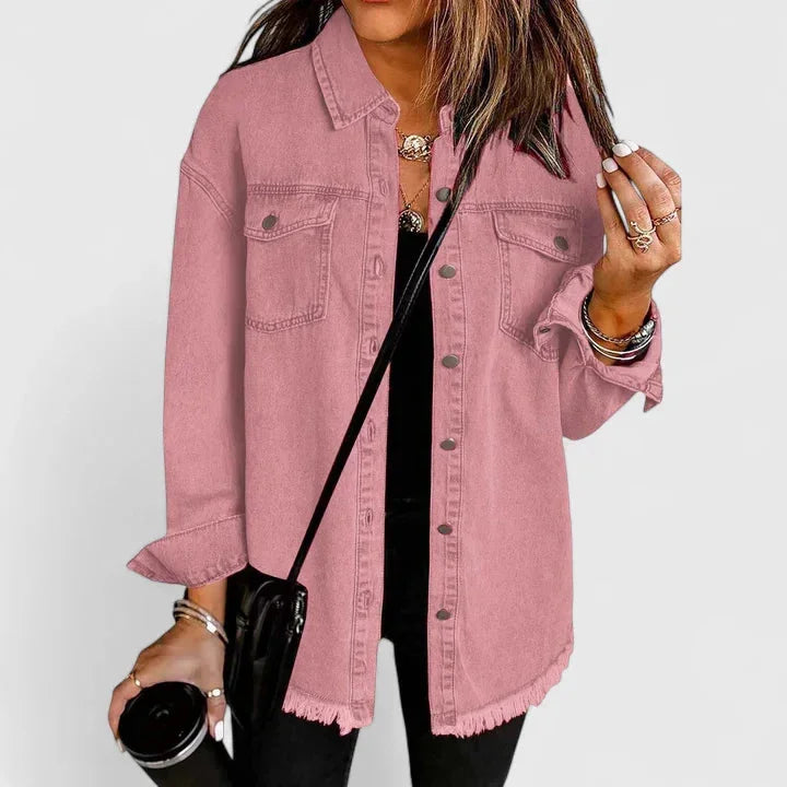 Women's button-front collared denim jacket with frayed hem